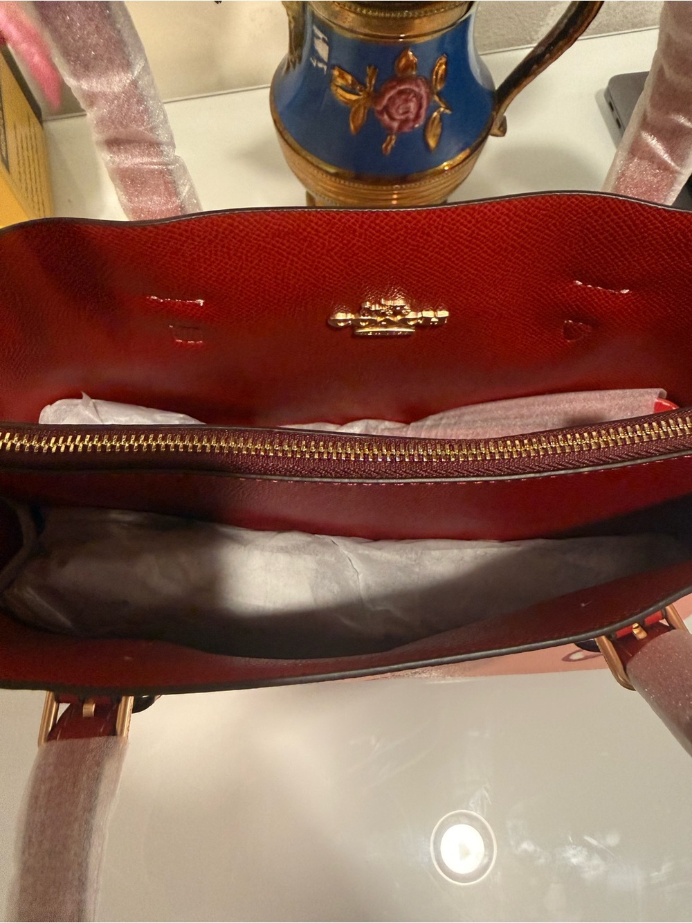 Coach Pink Cherry Print Leather Tote with Red Trim - Picture 3 of 5